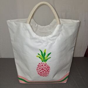 royal standard White Canvas Tote Bag with Pink and Green Pineapple Design